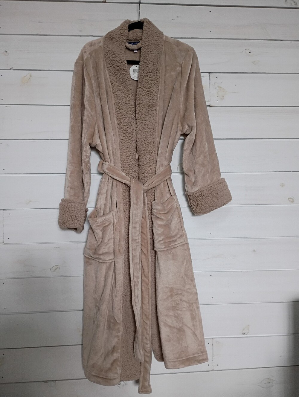 Berkshire Blanket Robe Womens XL Plush Belted Pockets Sherpa Trim Tan - NWT